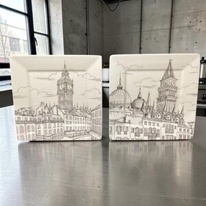 222 Fifth City Scenes Salad Plates, Set of 2, Vintage Square Dishes, Tableware